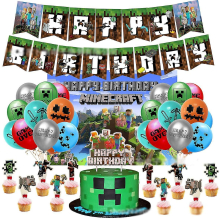 Minecraft Game Themed Kids Birthday Party Supplies Kit Balloons Banner Cake Topper Backdrop Decor Set