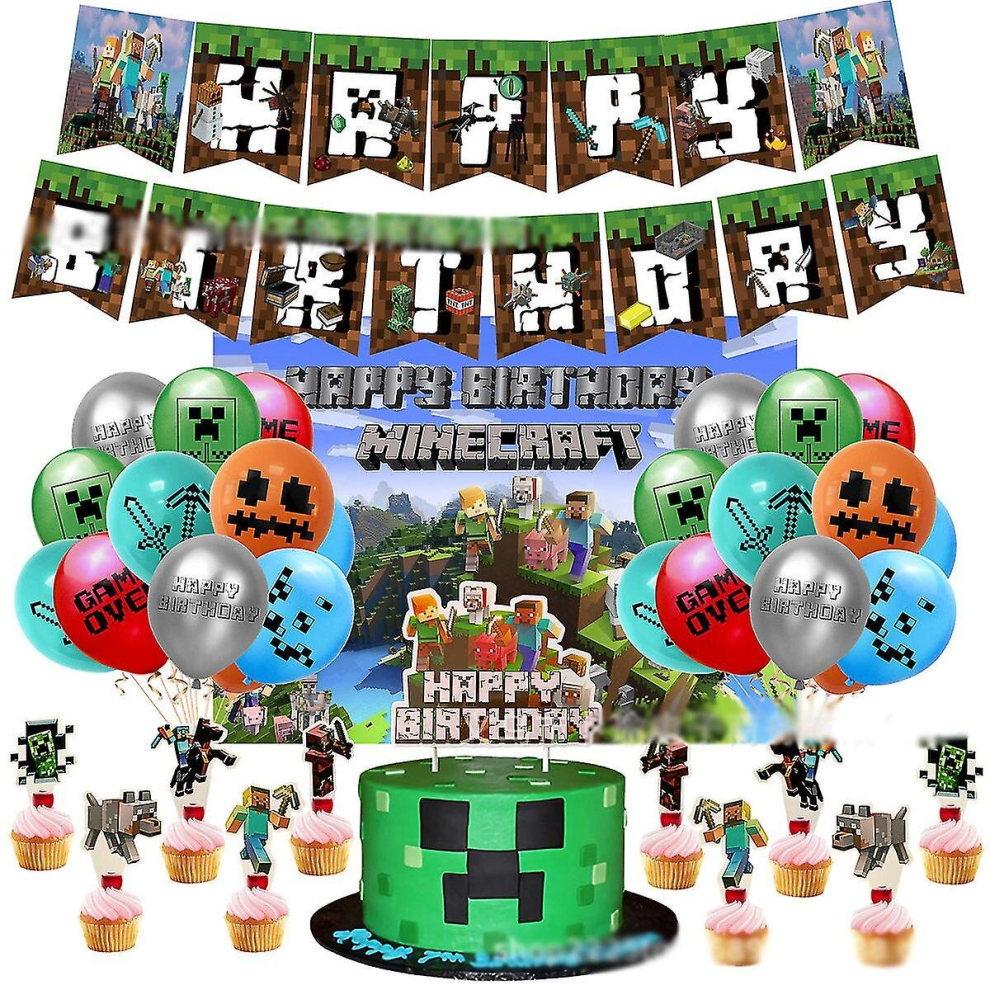 Minecraft Game Themed Kids Birthday Party Supplies Kit Balloons Banner Cake Topper Backdrop Decor Set