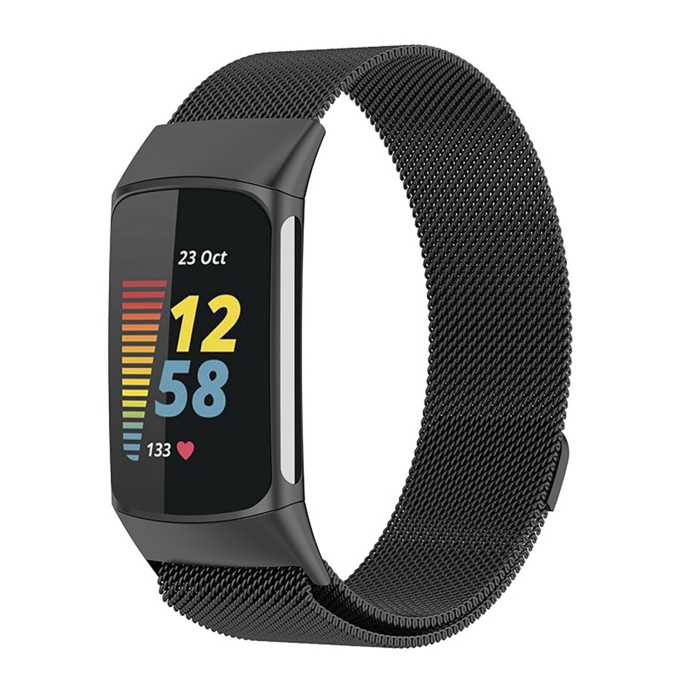 (Black) For Fitbit Charge 6/Charge 5 Milanese Loop Band Metal Stainless Steel Magnet Strap Black