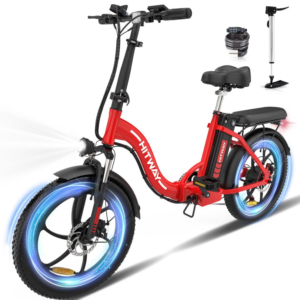 (red) HITWAY E Bikes, 20"Electric Bike, Up 35-90KM Fold Bike Citybike for Adults