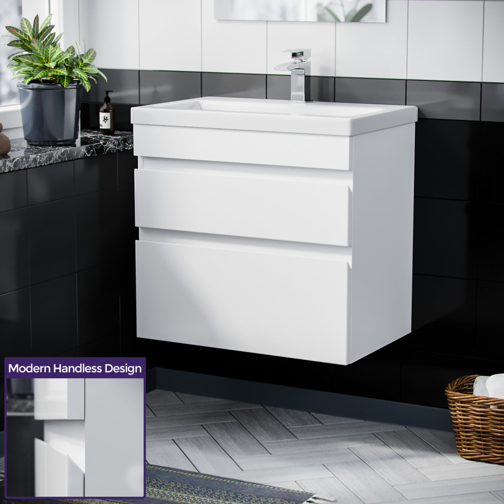 Nes Home Hardie 600Mm 2 Drawer Wall Hung Vanity Cabinet And Basin Sink Unit White