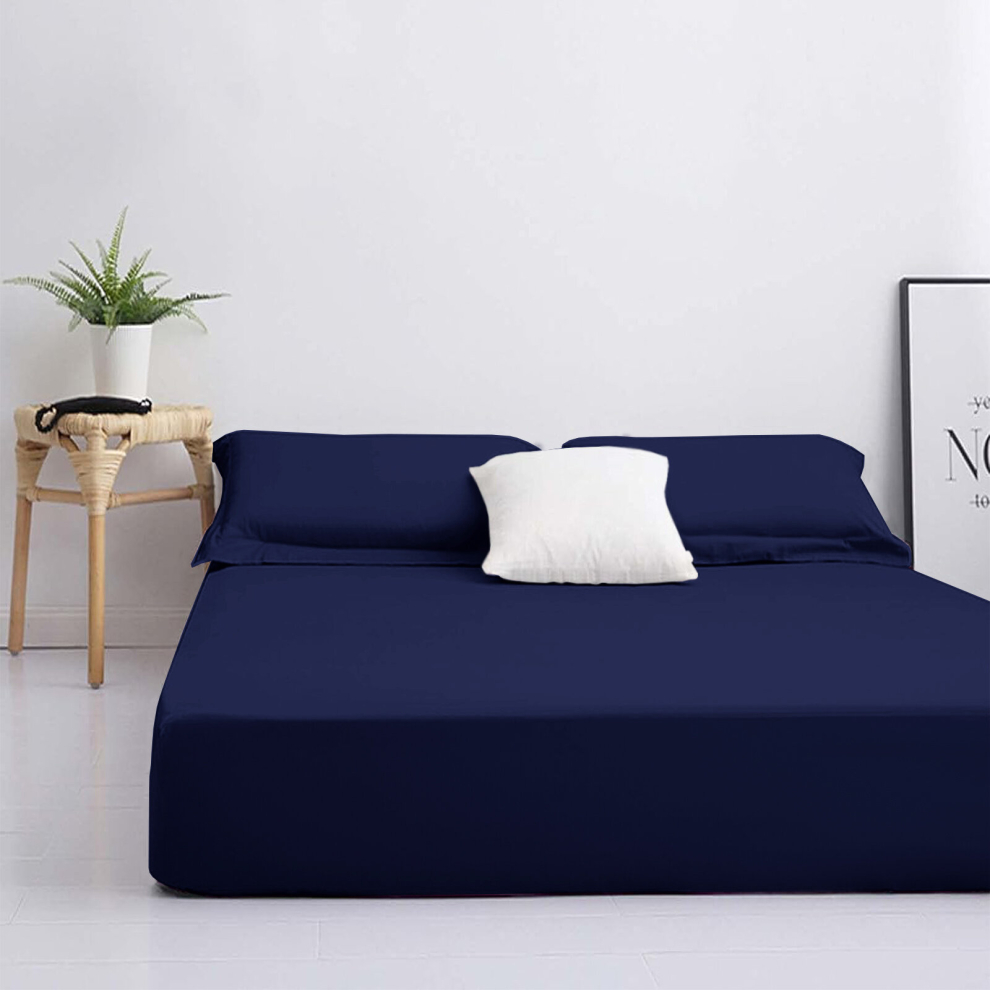 Aspire Homeware (Navy/ Fitted Sheet ) Double Fitted Sheets Extra Deep Bed Sheet 25Cm Blue
