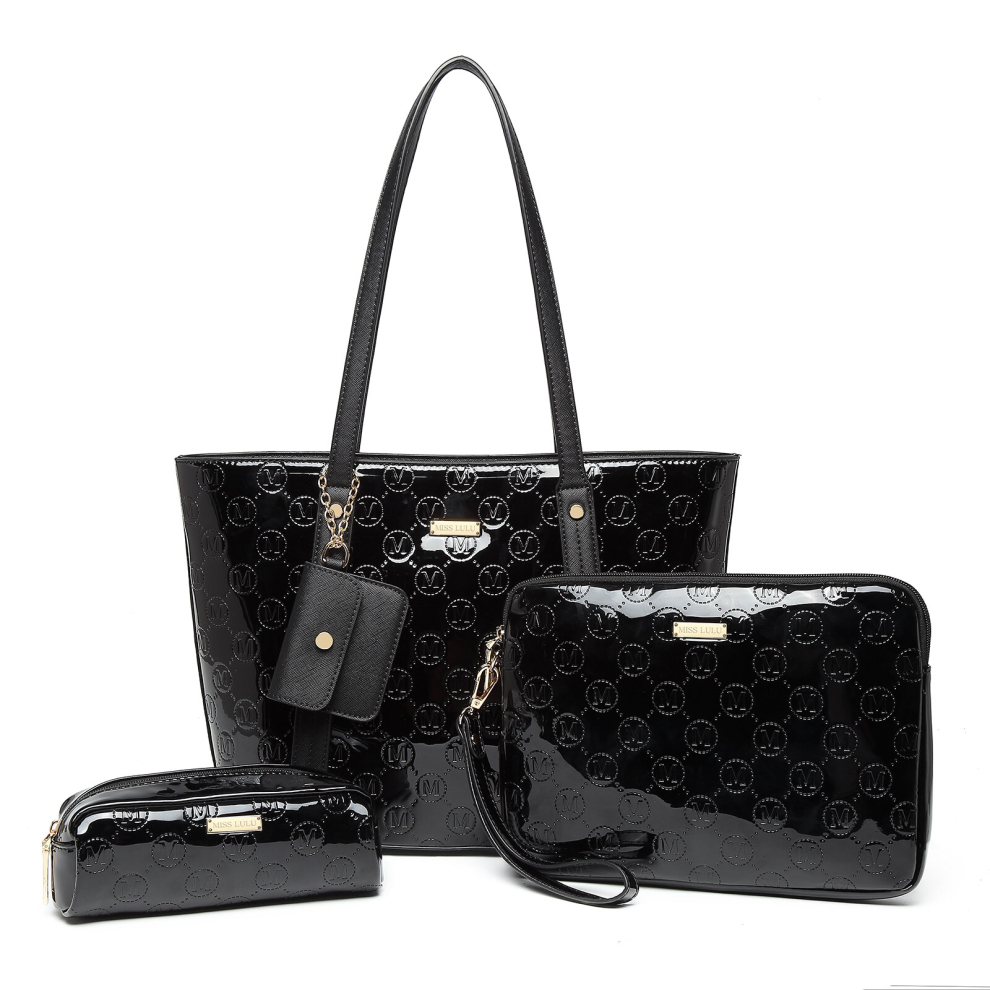 (Black) Miss Lulu 4 Pieces Glossy Leather Tote Bag Set with Gold Tone Hardware