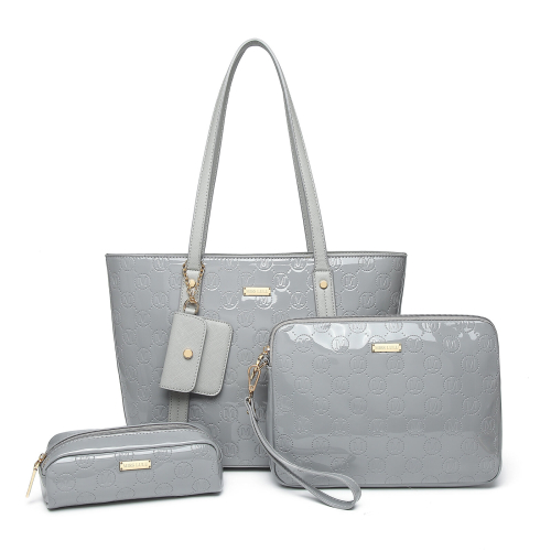 Miss Lulu (Grey) Miss Lulu 4 Pieces Glossy Leather Tote Bag Set with Gold Tone Hardware