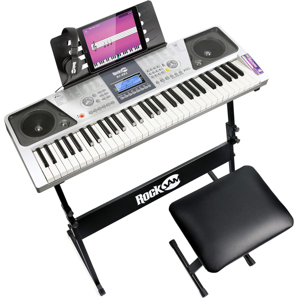 61 Key Keyboard Piano Kit with Digital Piano Bench, Electric Piano Stand, Headphones Note Stickers & Simply Piano Lessons, Grey