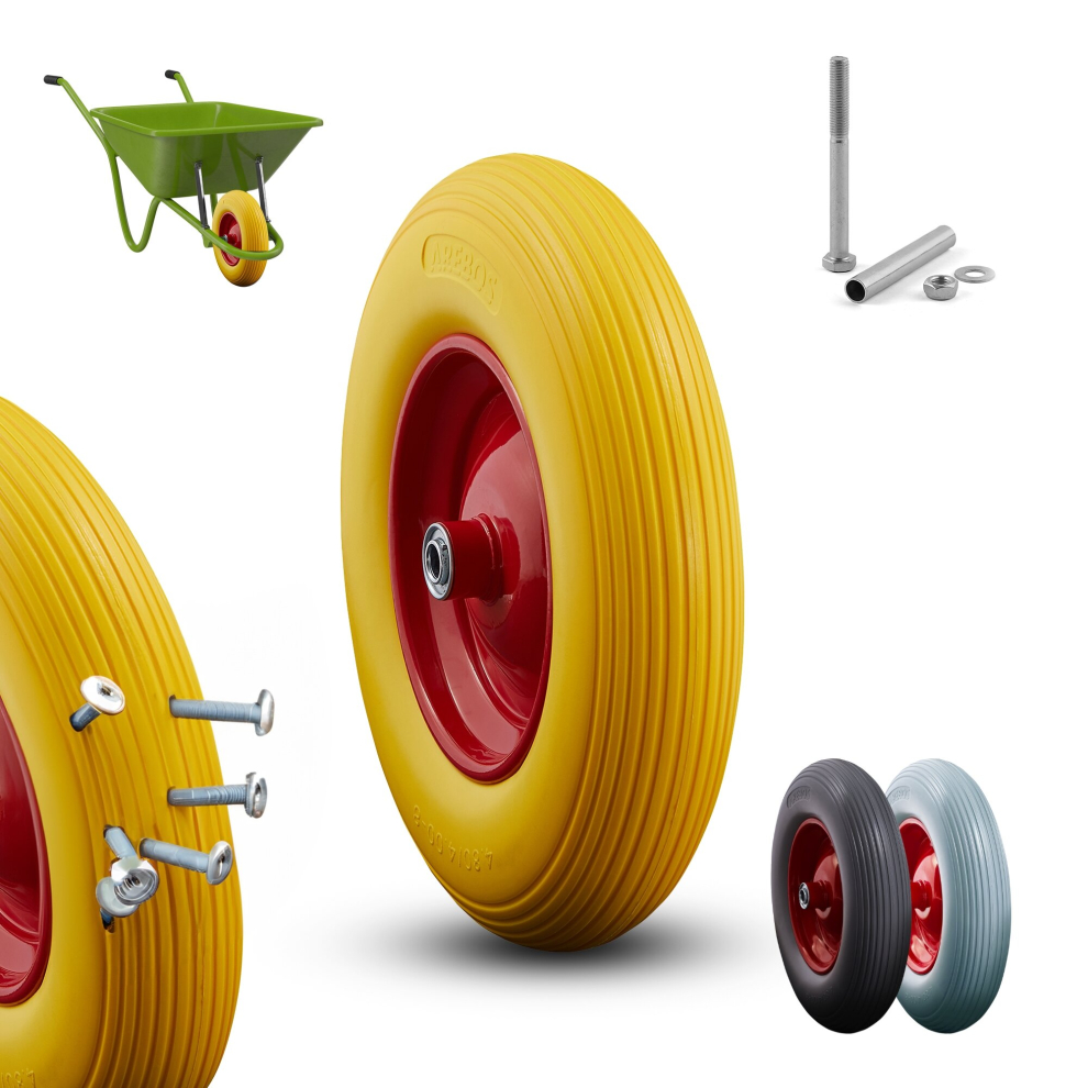 AREBOS PU solid rubber | spare wheel | 390mm | spare tyre for wheelbarrow | wheels sack barrow | yellow-red