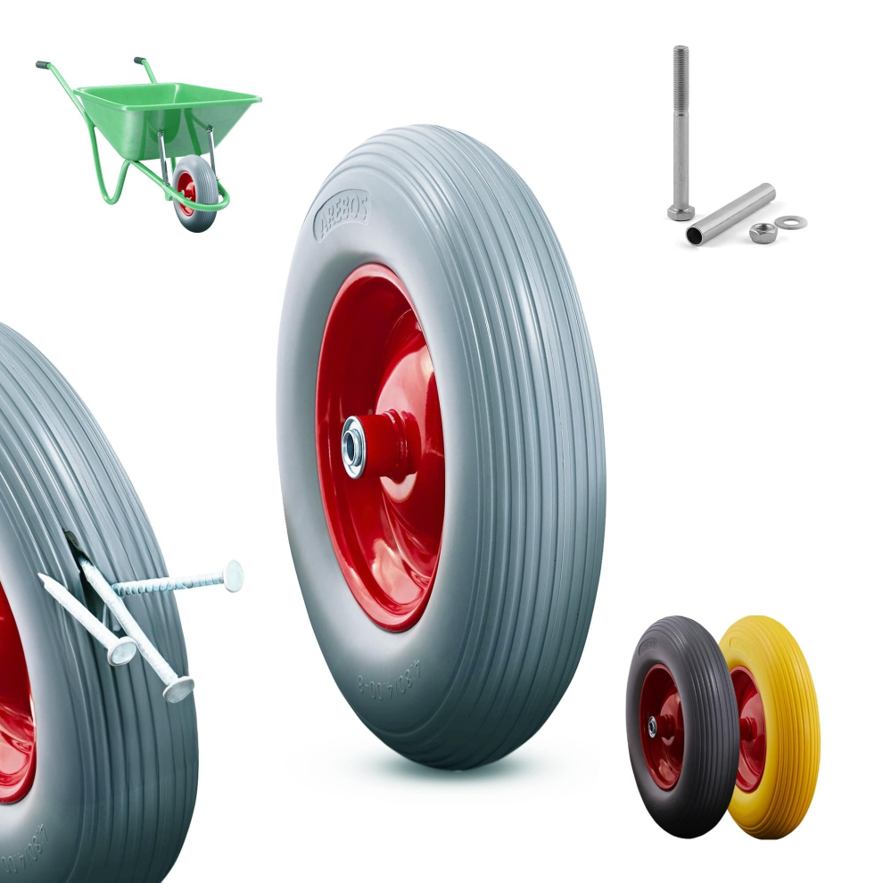 AREBOS PU solid rubber | spare wheel | 390mm | spare tyre for wheelbarrow | wheels sack barrow | grey-red