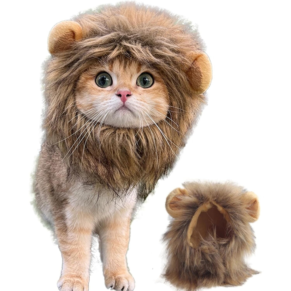 Lion Mane Wig for Cat Costume Pet Adjustable Washable Comfortable Fancy Lion Hair Cat Clothes Dress Fits Size M