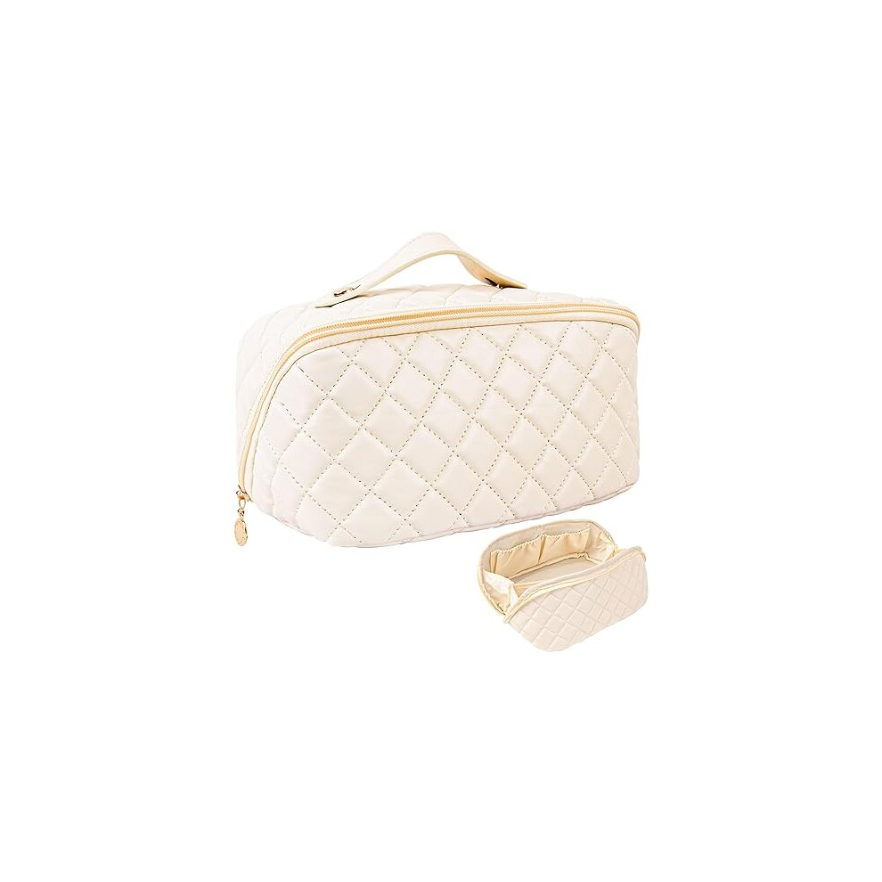 Tianci Travel Makeup Bag For Women, Pu Leather Make Up Bag, Wide-Open Skincare Bag, Portable Travel Cosmetic Organizer For Women (Beige)