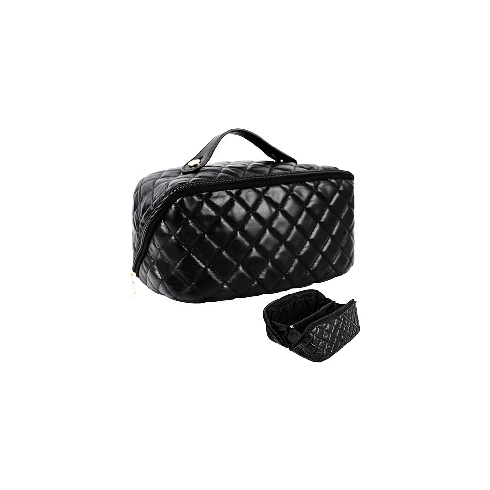 Tianci Travel Makeup Bag For Women, Pu Leather Make Up Bag, Opens Flat Skin Care Bag, Travel Cosmetic Organizer For Ladies (Black)