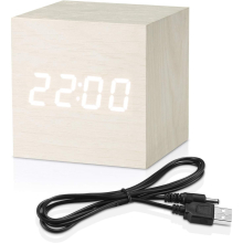 Digital alarm clock white, LED light mini modern cube desktop alarm clock showing time date temperature