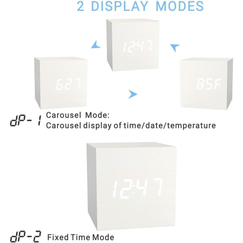 Digital alarm clock white, LED light mini modern cube desktop alarm clock showing time date temperature 2