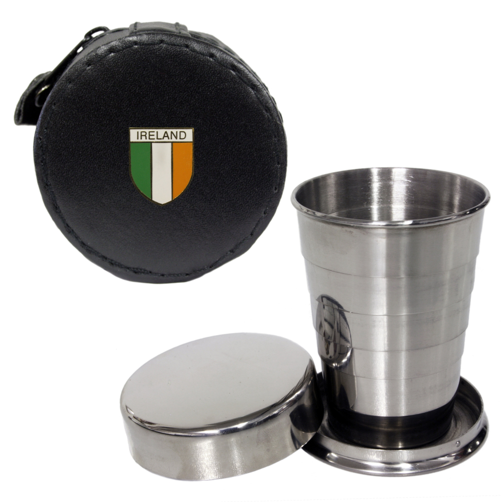 2oz Collapsible Drinking Cup With Leather Irish Tricolour Case-image-OPC-PCNC5Z5-NEW