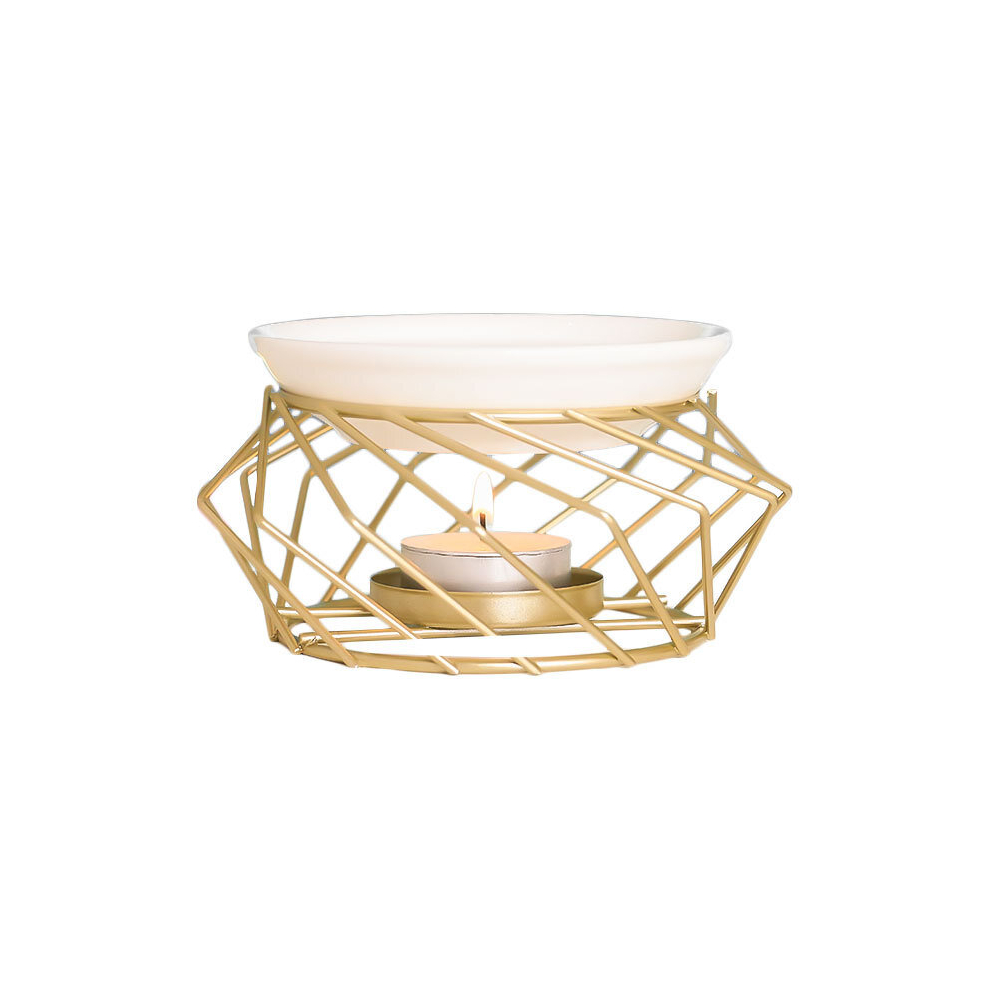 Geometric Metal Wax Burner - Ceramic Essential Oil Burner - For Home, Office, Yoga, Spa, Bedroom, Living Room - Gold
