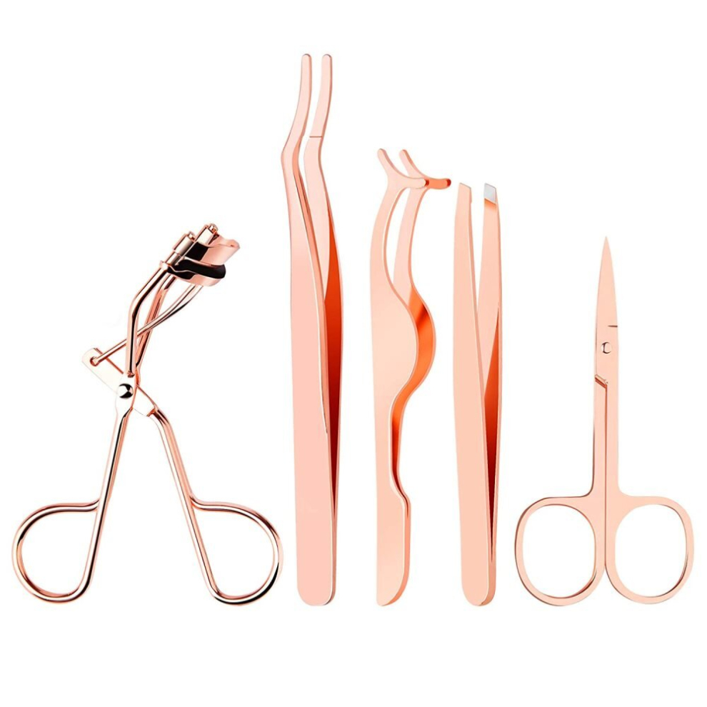 5 Piece Eyelash Tool Set - Adhesive False Eyelash Curler - Eyebrow Trimmer - Eyebrow Curler - Curved Eyelash Curler (Rose Gold)