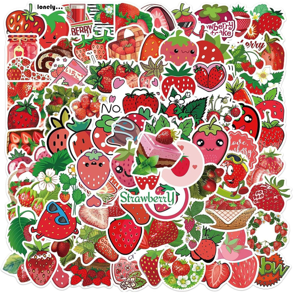 100PCS StrawberrySticker DIY Decoration,Strawberry Party Decoration,Cartoon Cute Small Sticker Cartoon Vinyl Waterproof Sticker Mobile Water Bottle