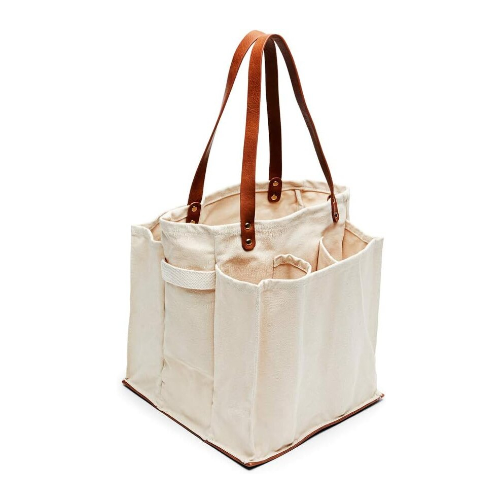 Farmer's Market Tote Shopping Bags with Handles 7 Pocket Large Utility Tote Bag Heavy Duty Canvas Bag with Vegan Leather Base Reusable Tote Bag
