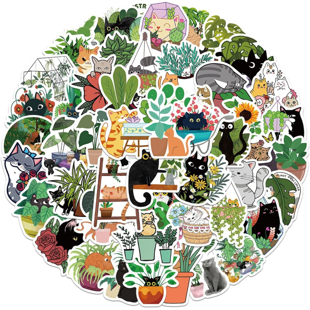 Tianci 50 Pcs Cat And Plant Stickers For Water Bottles,Cute Vinyl Waterproof Laptop Skateboard Stickers Aesthetic Computer Hydroflask Phone Stickers