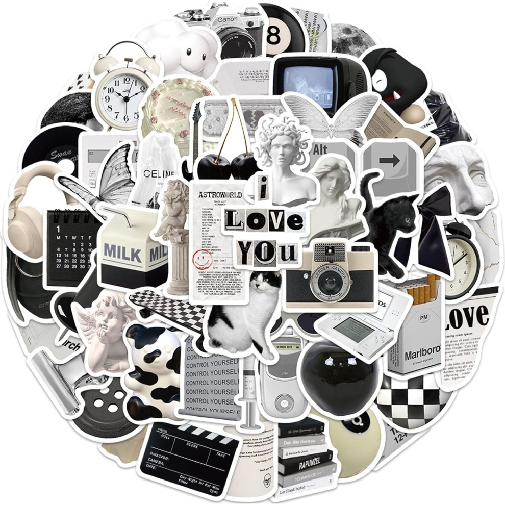 Aesthetic VSCO Stickers for Water Bottles,Black and White Simple Vinyl Sticker for Laptop,61Pcs DIY Decorate Skateboard Computer Phone