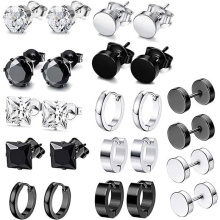 12 Pairs Earrings for Men, Stainless Steel Black Stud Earrings Hoop Earrings Set for Unisex, Boys Girls Jewelry Set Gift