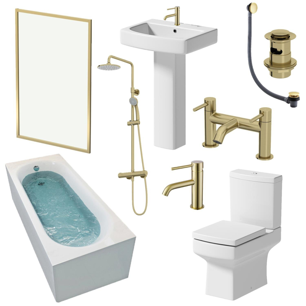 Affine Royan Brushed Brass Bathroom Suite With Single Ended Shower Bath 1600 & Full Pedestal Basin 5056696032011