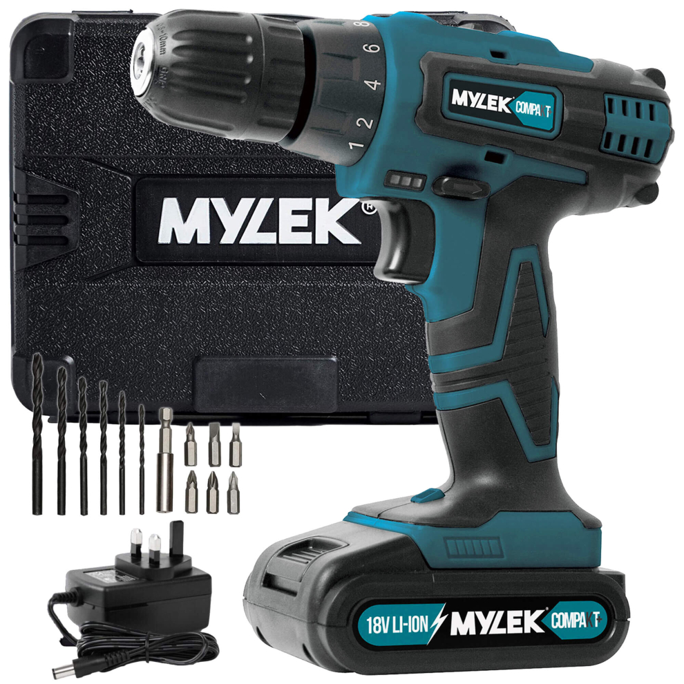 (Green) MYLEK 1 Hour Charge 18V Cordless Drill Kit