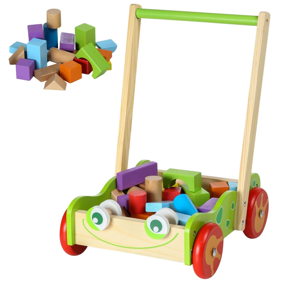 The Magic Toy Shop Baby Wooden Walker with Wooden Bricks Blocks Toddler Educational Toy