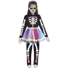 (6-8 Years, Black) Girls Skeleton Printed Halloween Onesie with Skirt
