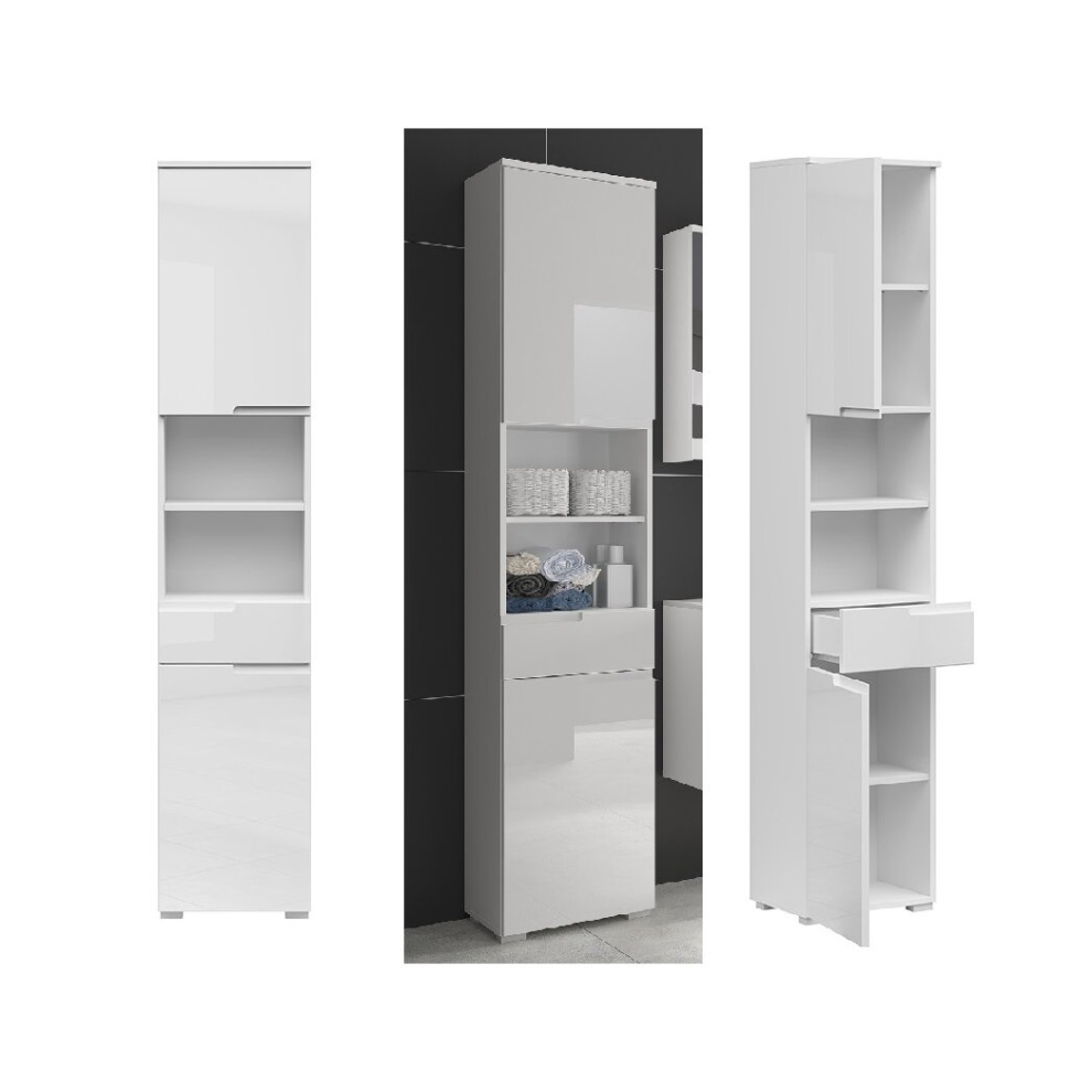 Tall Bathroom Cabinet Floor Storage Unit Drawer Tallboy White Gloss Spice