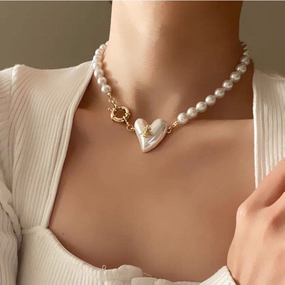Large Heart White Pearl Necklace Choker Golden