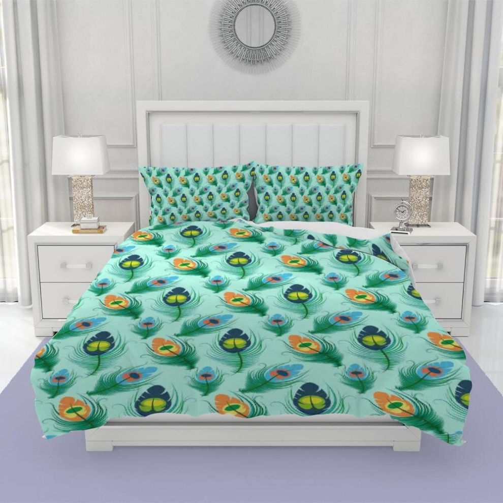 Duvet Cover Sets Queen Size Peacock Feather Exotic Ornament Soft Microfiber Comforter 3 Pcs(1 Duvet Cover And 2 Pillow Covers) 90x90in