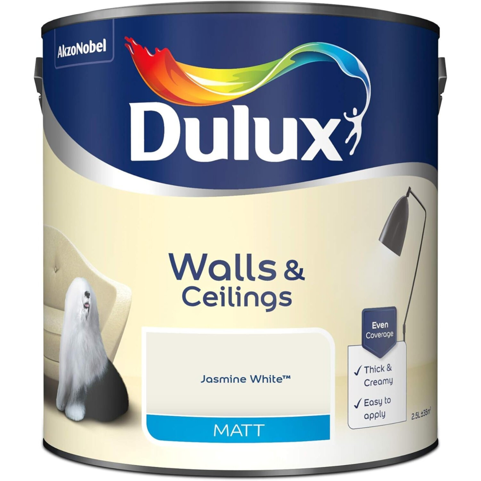 Dulux Matt Emulsion Paint For Walls And Ceilings - Jasmine White 2.5 Litres