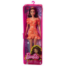Barbie Fashionistas Puppe Nr. 182 mit langem, gewelltem, br nettem Haar, orangefarbenem Kleid mit Blumenmuster und Accessoires, einschlie lich St