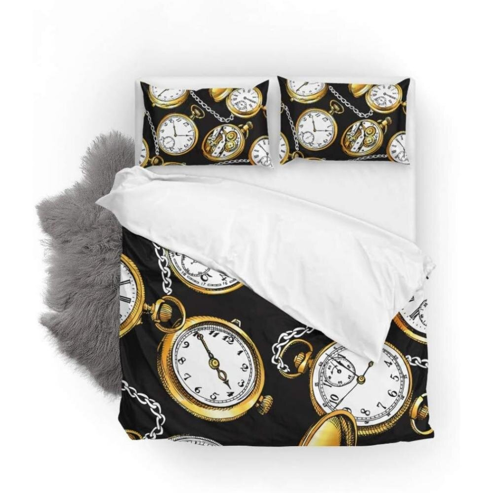 Duvet Cover Sets Gold Vintage Pocket Watches Soft Microfiber Comforter 3 Pcs(1 Duvet And 2 Pillow Shams) Bedding Set King Size 104 X 90 Inches