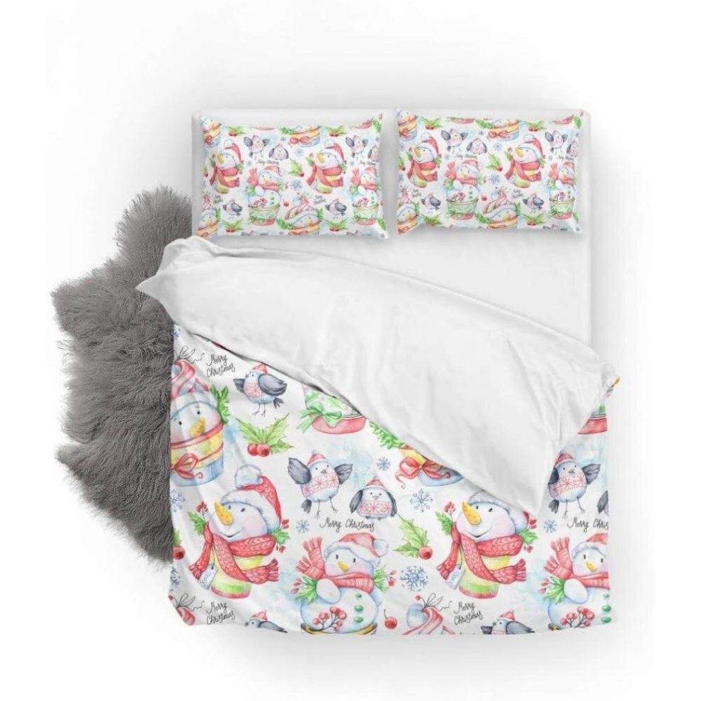 Duvet Cover Sets Watercolor Snowmen Birds Soft Microfiber Comforter 3 Pcs(1 Duvet And 2 Pillow Shams) Bedding Set Queen Size 90 X 90 Inches