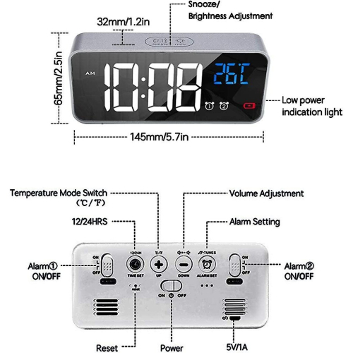 Digital Alarm Clock - Led Alarm Clock With Snooze Function - Usb Charging Ports (silver) 2