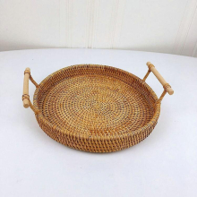 Handwoven Rattan Storage Tray With Wooden Handle Round Wicker Basket Bread Food Plate Fruit Cake Platter