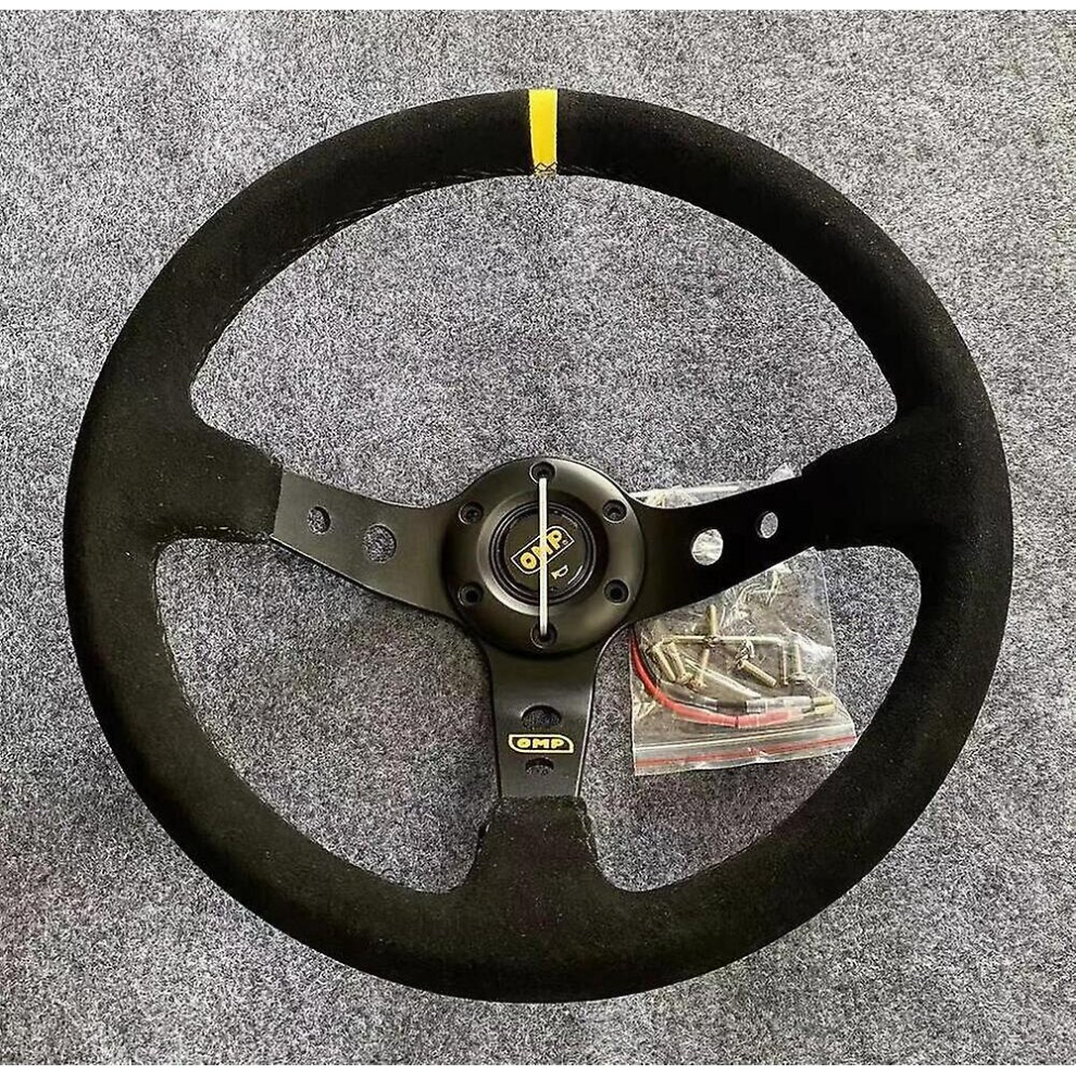 OMP Deep Dish Suede Steering Wheel 350mm/14in Universal, Alloy Spokes, Brand Logo Horn Button, Fits Boss Kit