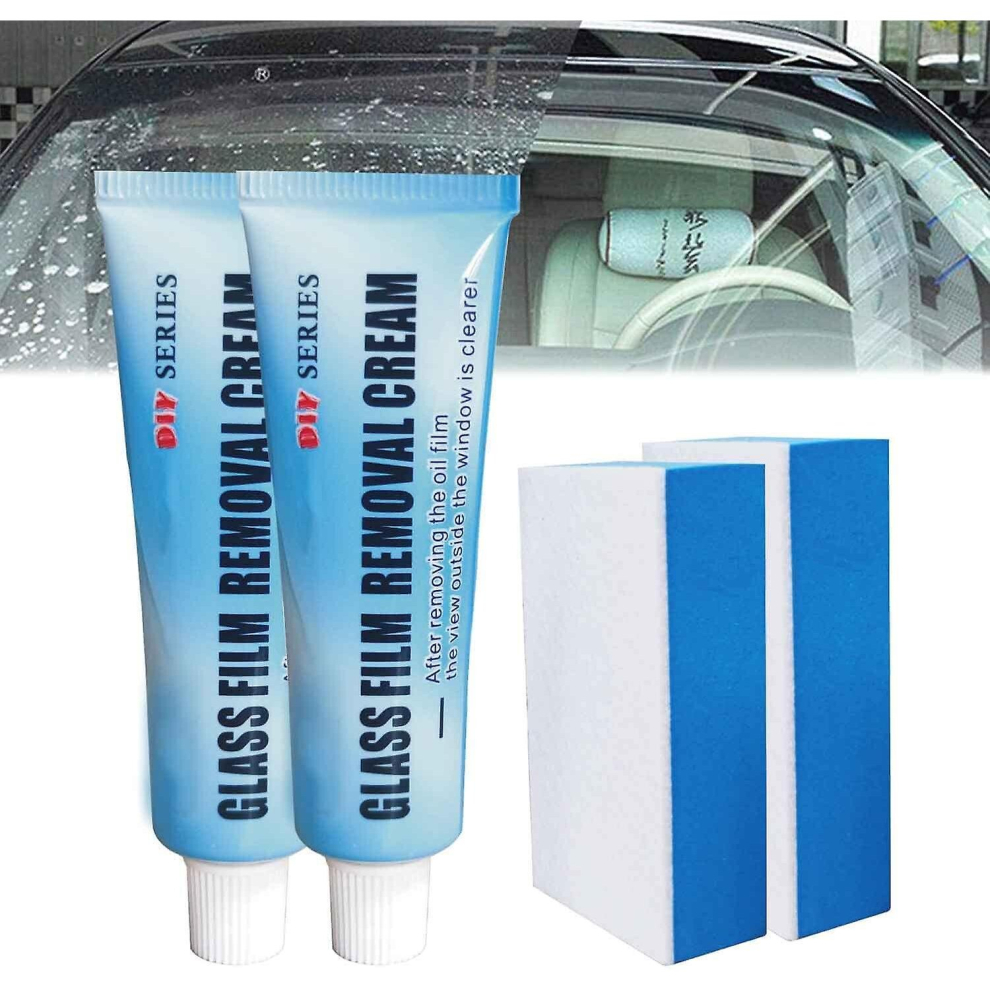 2Pcs Glass Film Removal Car Glass Oil Film Cleaner, Car Windshield Oil Film Cleaner With Sponge Cream 9317312201348