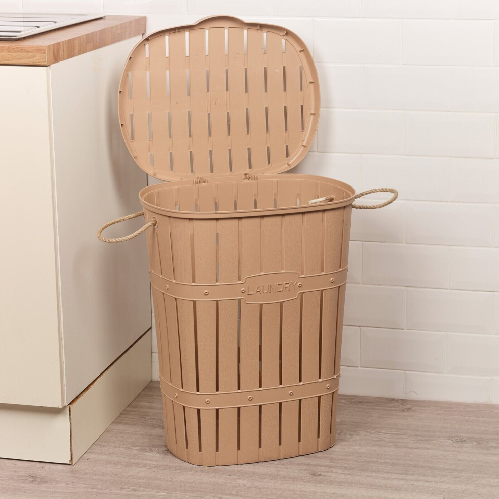 (Beige) 65L Bamboo Look Clothes Storage Laundry Washing Basket Hamper Rope Handles & Lid