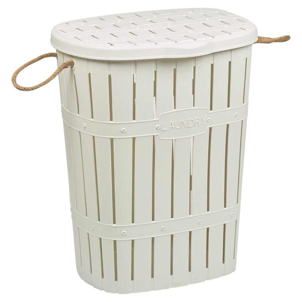 (White) 65L Bamboo Look Clothes Storage Laundry Washing Basket Hamper Rope Handles & Lid