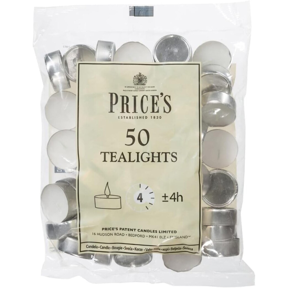 Prices Patent Candles White Tealights Bag Pack of 50 Wax  l x 3.8cm w x 1.8cm h