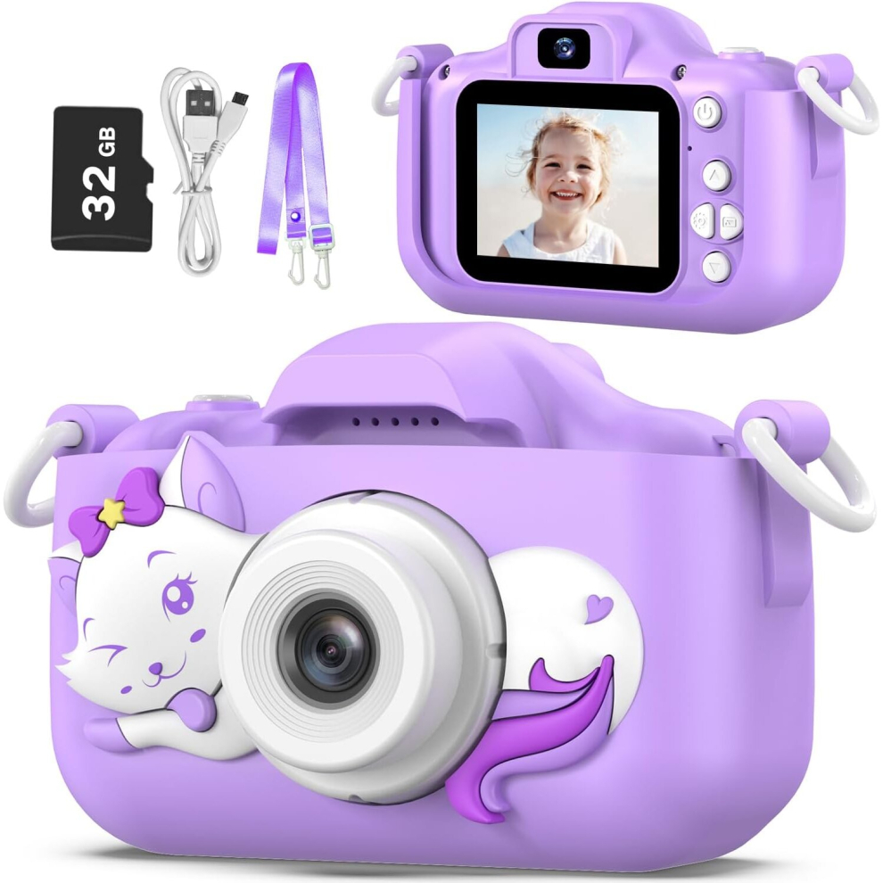 (H21-PURPLE-CAT) Kids Camera Toys Gifts for Boys Girls, Selfie Camera HD Digital Video Shockproof Camcorder - 32GB SD Card Included