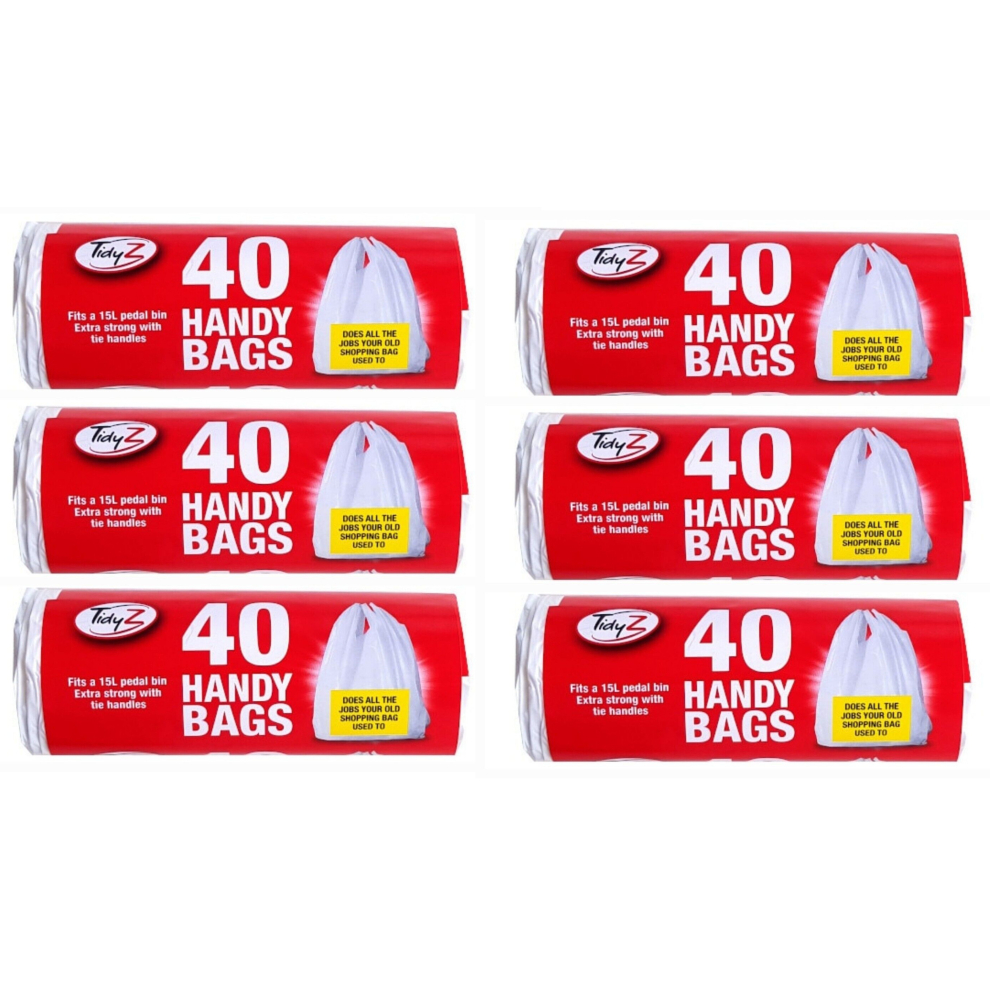 6 X Tidyz 40 Handy Bags Shopping Extra Strong 15L Pedal Bin Liner Tie Handle