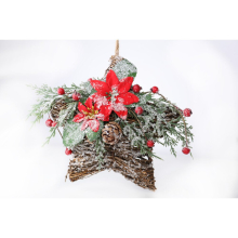 Twig Wrapped Hanging Star with Poinsettia and Berry Frosted Decor