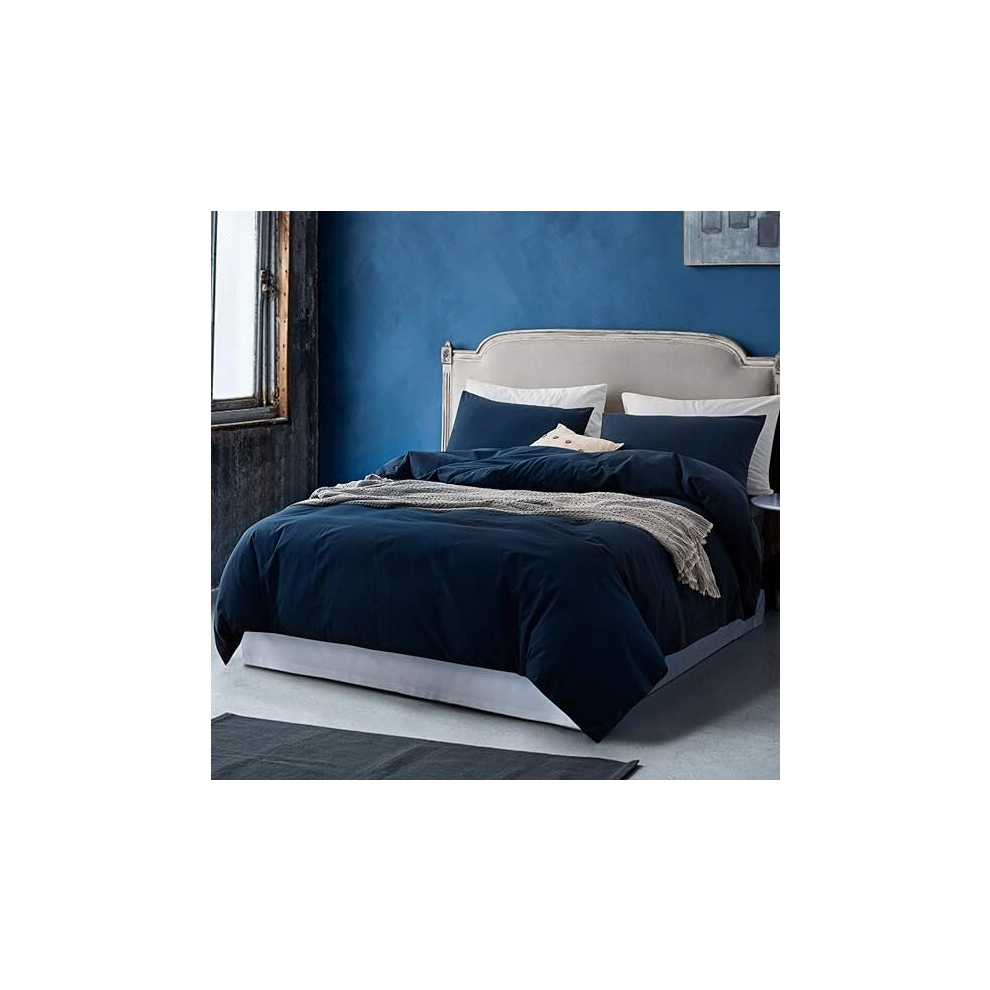 (Navy- Plain Dyed Duvet Cover) Plain Dyed Duvet Quilt Cover King Size Bedding Set