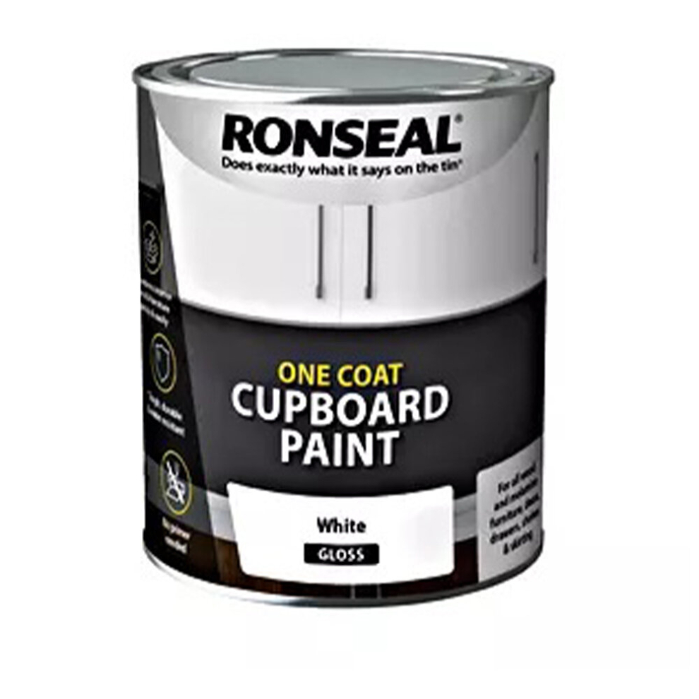 Ronseal One Coat Cupboard Paint Water Based, White - Gloss 750ml