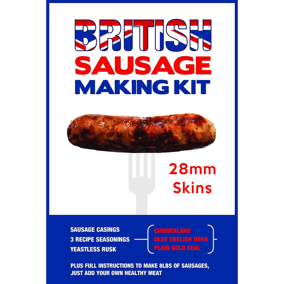 British Home Sausage making starter pack consisting of Yeastless Rusk, 28mm Sausage Skins