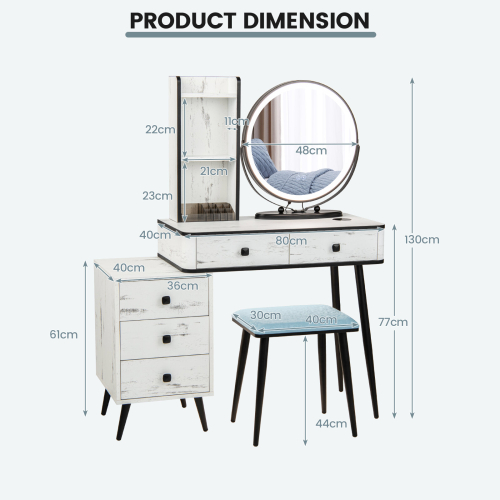 Casart Dressing Vanity Table Stool Set W/ 3-Color Lighted Mirror &Drawer Chest 1
