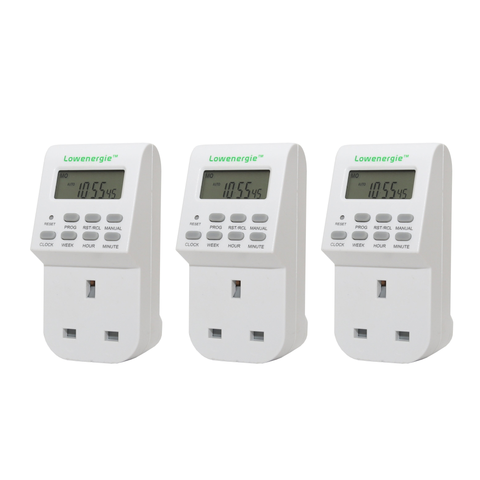 (3 Pack) Lowenergie 7 Day Programmable Digital Plug-in Electronic Timer Socket 12-24 Hour